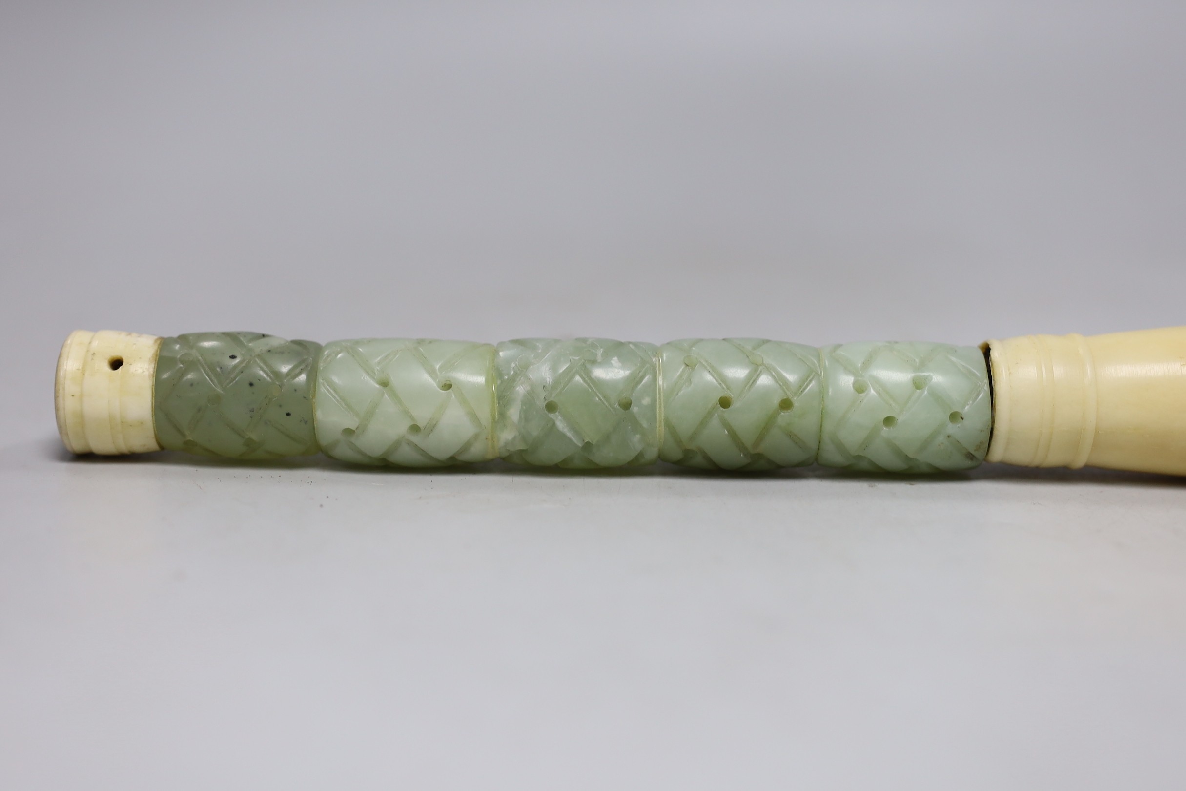A Chinese bone and bowenite jade mounted calligraphy brush, 35cm lonh, and a bronze brush washer